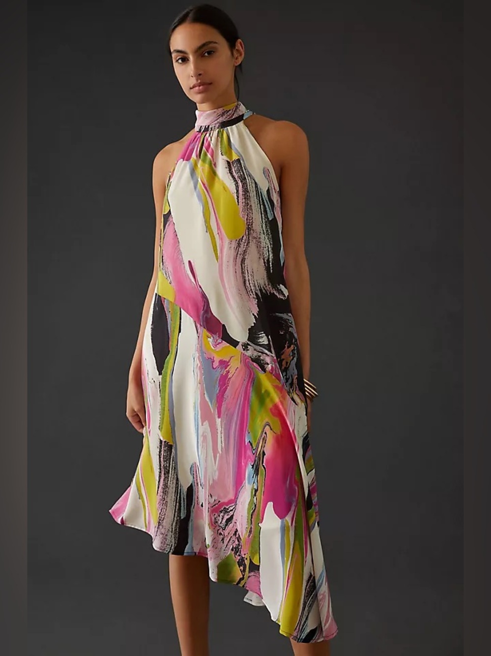Anthropologie Abstract Marble Halter Midi Dress Asymmetrical Hem Size